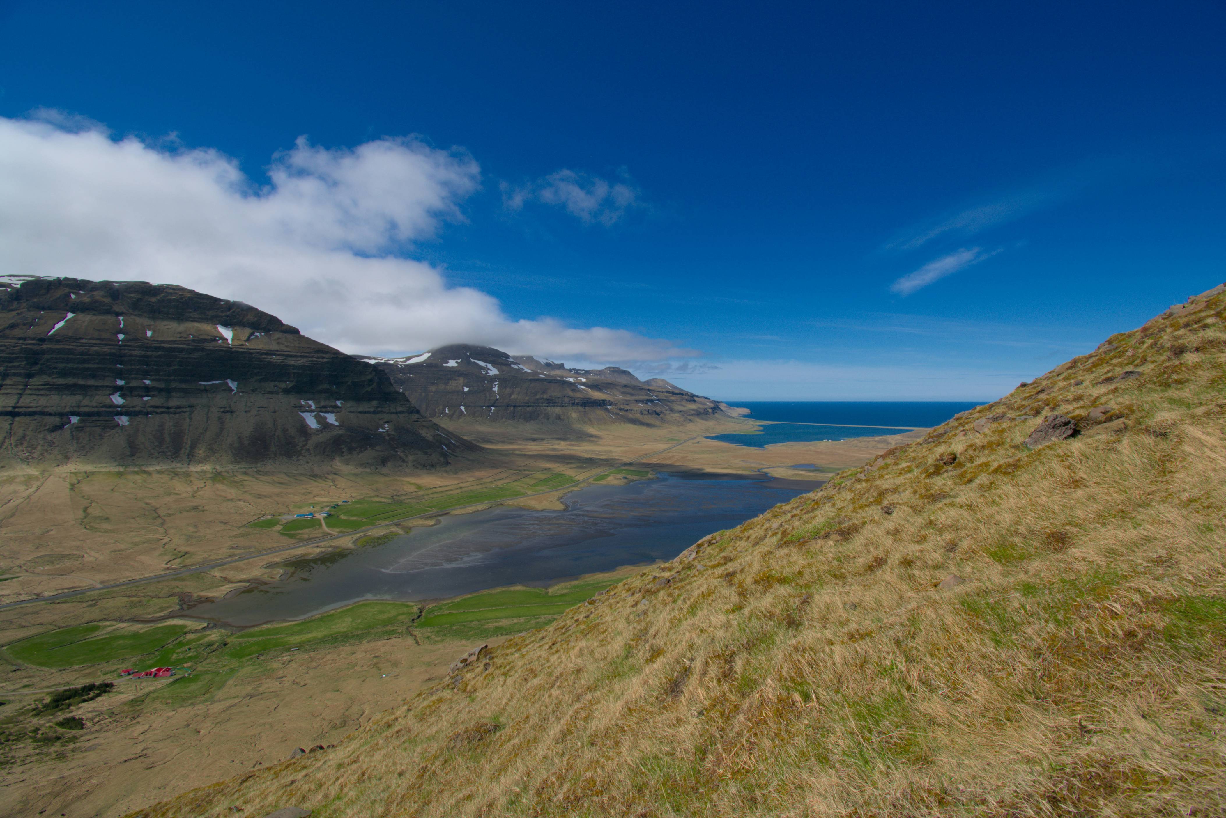 a grassy hill with a body of water in the distance