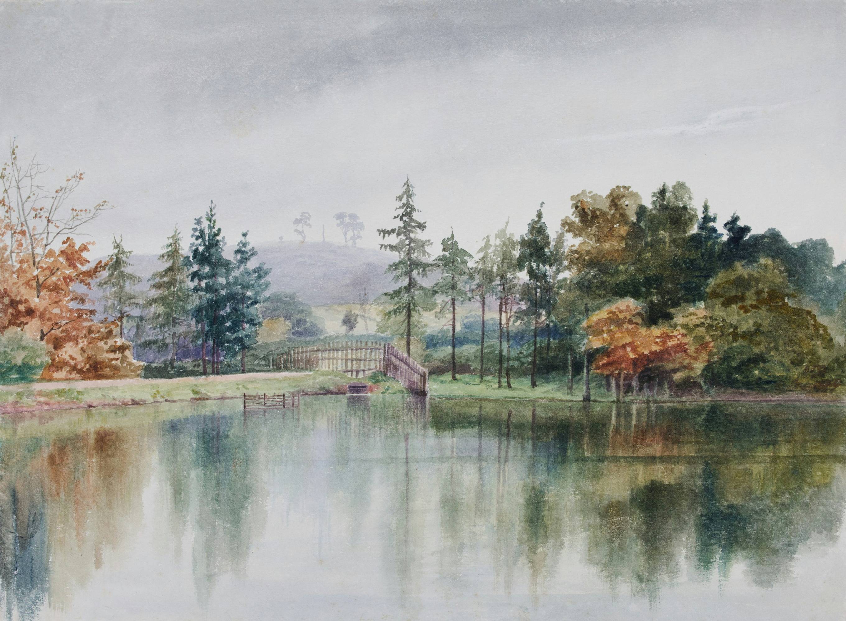 a painting of a lake surrounded by trees